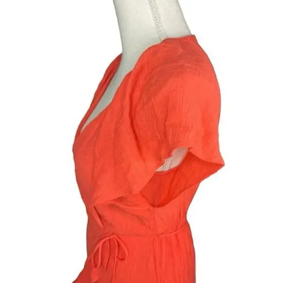 Lush hot coral orange flutter sleeve Mini dress wrap summer coquette cowgirl - Picture 6 of 11